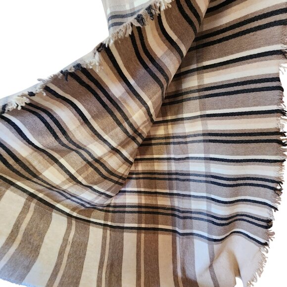 J Crew Handwoven Cotton Throw Blanket With Neutral Stripes & Fringe - Picture 2 of 2
